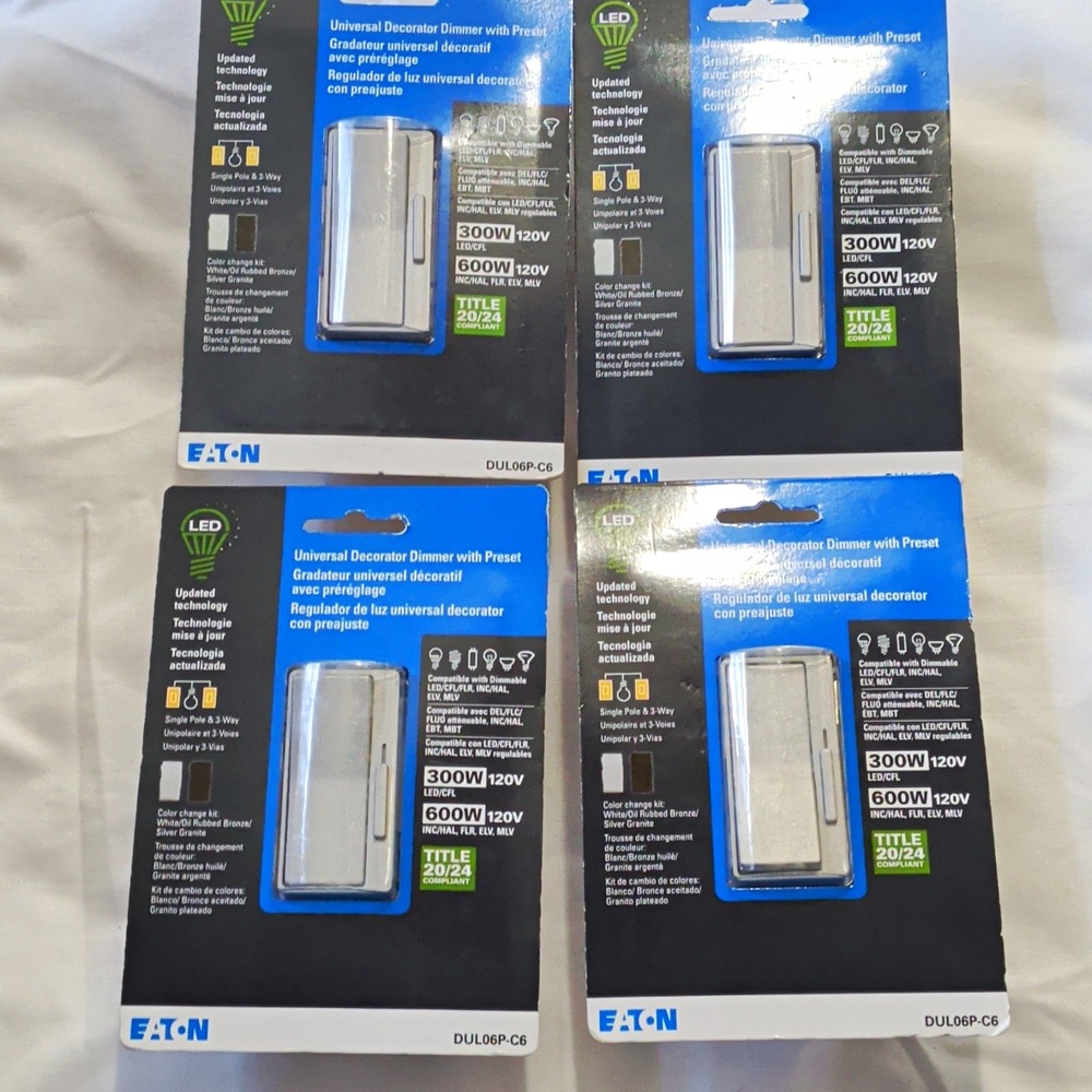 Eaton DUL06P-C6 Decorator Slide Dimmer, Preset, LED/CFL, 120V, 3-Way